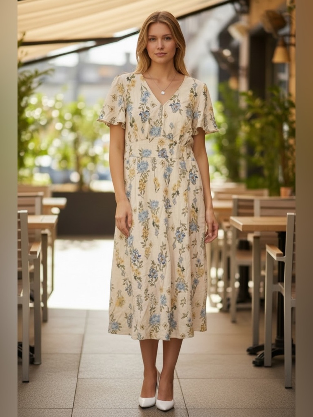 BloomChic Cream Midi Dress with Blue and Yellow Floral Print & butterflies 🦋